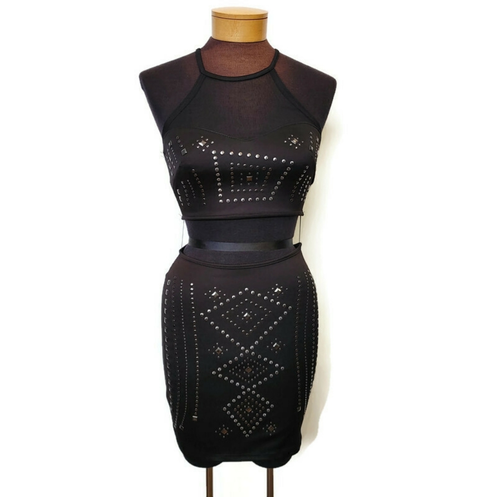 2b Bebe Black Studded Crop Top Skirt Dress XS